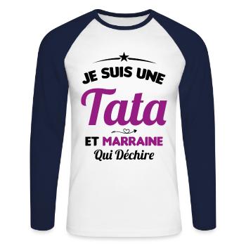 Je Suis Une Tata et Marraine Qui Déchire - T-shirt baseball manches longues Homme - blanc/marine - Devant - Nik (191cm)