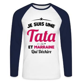 Je Suis Une Tata et Marraine Qui Déchire - T-shirt baseball manches longues Homme - blanc/marine - Devant - Nik (191cm)