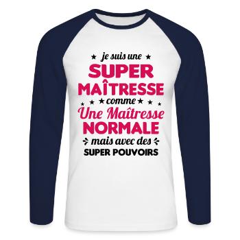 Super Maîtresse Super Pouvoirs Cadeau Maîtresse - T-shirt baseball manches longues Homme - blanc/marine - Devant - Nik (191cm)