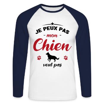 je peux pas mon chien veut pas - T-shirt baseball manches longues Homme - blanc/marine - Devant - Nik (191cm)