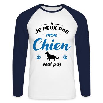 je peux pas mon chien veut pas - T-shirt baseball manches longues Homme - blanc/marine - Devant - Nik (191cm)