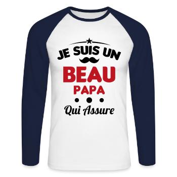 je suis un Beau-Papa qui assure humour - T-shirt baseball manches longues Homme - blanc/marine - Devant - Nik (191cm)