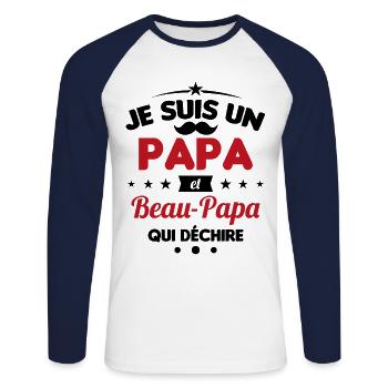 je suis un papa et beau-papa qui déchire - T-shirt baseball manches longues Homme - blanc/marine - Devant - Nik (191cm)