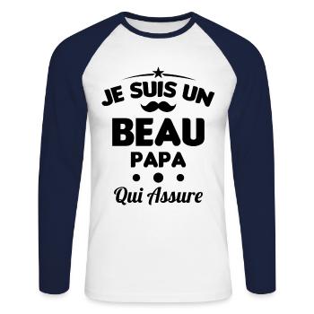 je suis un Beau-Papa qui assure humour - T-shirt baseball manches longues Homme - blanc/marine - Devant - Nik (191cm)