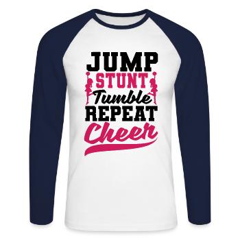 Jump Stunt Tumble Repeat Cheerleading Cheerleader - Unisex Baseballshirt langarm - Weiß/Navy - Vorne - Nik (191cm)