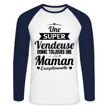 Vendeuse Future Maman Cadeau Drôle Annonce Mère - T-shirt baseball manches longues Homme - blanc/marine - Devant - Nik (191cm)