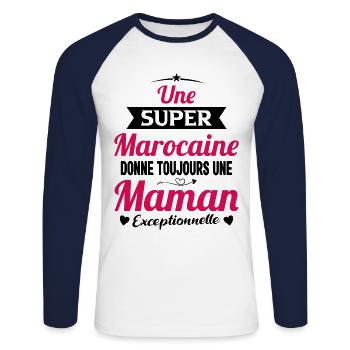 Marocaine future maman fête des mères cadeau drôle - T-shirt baseball manches longues Homme - blanc/marine - Devant - Nik (191cm)