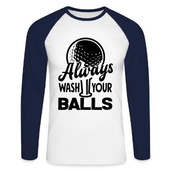 Always Wash Your Balls Golf Player Golfing Golfer - Unisex Baseballshirt langarm - Weiß/Navy - Vorne - Nik (191cm)