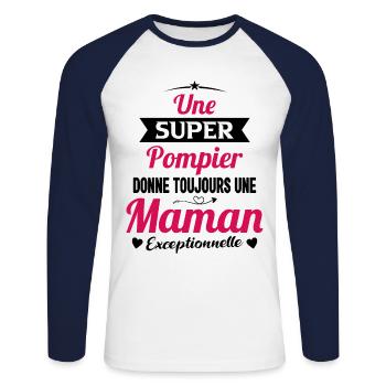 Super pompier maman sapeur pompier future mère - T-shirt baseball manches longues Homme - blanc/marine - Devant - Nik (191cm)