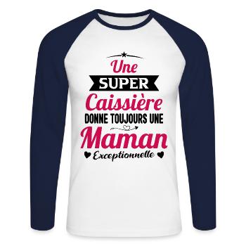 Caissière future maman cadeau fête des mères - T-shirt baseball manches longues Homme - blanc/marine - Devant - Nik (191cm)