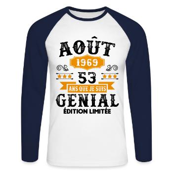 53 Ans Anniversaire Vintage Né(e) en Août 1969 - T-shirt baseball manches longues Homme - blanc/marine - Devant - Nik (191cm)