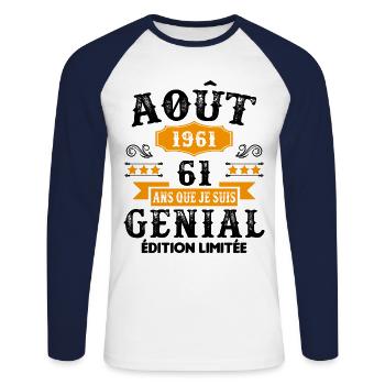 61 Ans Anniversaire Vintage Né(e) en Août 1961 - T-shirt baseball manches longues Homme - blanc/marine - Devant - Nik (191cm)