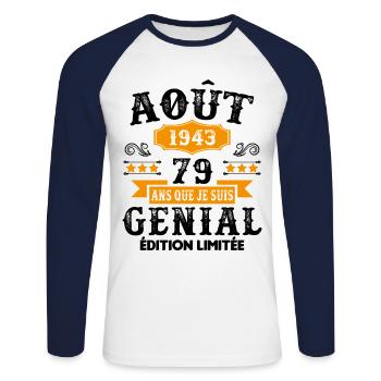 79 Ans Anniversaire Vintage Né(e) en Août 1943 - T-shirt baseball manches longues Homme - blanc/marine - Devant - Nik (191cm)