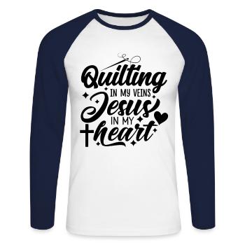 Quilting In My Veins Jesus In My Heart Crocheting - Unisex Baseballshirt langarm - Weiß/Navy - Vorne - Nik (191cm)