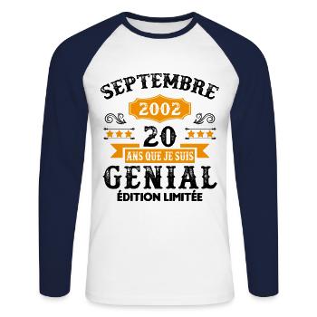 20 Ans Anniversaire Vintage En Septembre 2002 - T-shirt baseball manches longues Homme - blanc/marine - Devant - Nik (191cm)