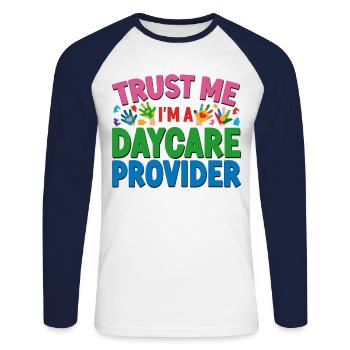 Fournisseur de services de garde d’enfants Enseignant - T-shirt baseball manches longues Homme - blanc/marine - Devant - Nik (191cm)