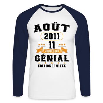 11 Ans Anniversaire Vintage Né(e) en Août 2011 - T-shirt baseball manches longues Homme - blanc/marine - Devant - Nik (191cm)