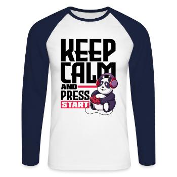 Keep Calm And Press Start Video Game Player Gaming - Unisex Baseballshirt langarm - Weiß/Navy - Vorne - Nik (191cm)