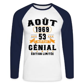 53 Ans Anniversaire Vintage Né(e) en Août 1969 - T-shirt baseball manches longues Homme - blanc/marine - Devant - Nik (191cm)