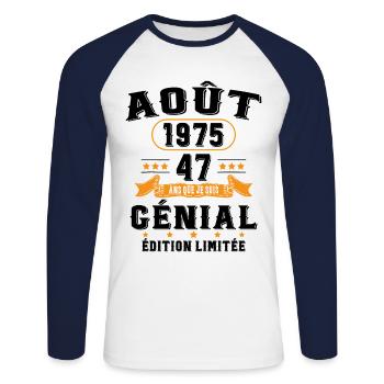 47 Ans Anniversaire Vintage Né(e) en Août 1975 - T-shirt baseball manches longues Homme - blanc/marine - Devant - Nik (191cm)