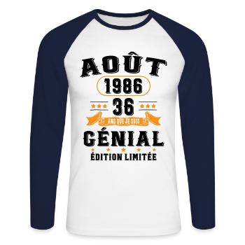 36 Ans Anniversaire Vintage Né(e) en Août 1986 - T-shirt baseball manches longues Homme - blanc/marine - Devant - Nik (191cm)
