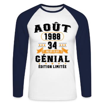 34 Ans Anniversaire Vintage Né(e) en Août 1988 - T-shirt baseball manches longues Homme - blanc/marine - Devant - Nik (191cm)