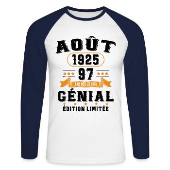 97 Ans Anniversaire Vintage Né(e) en Août 1925 - T-shirt baseball manches longues Homme - blanc/marine - Devant - Nik (191cm)