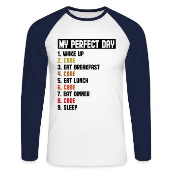 My Perfect Day Wake Up Code Software Developer Pro - Unisex Baseballshirt langarm - Weiß/Navy - Vorne - Nik (191cm)