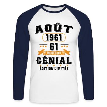 61 Ans Anniversaire Vintage Né(e) en Août 1961 - T-shirt baseball manches longues Homme - blanc/marine - Devant - Nik (191cm)