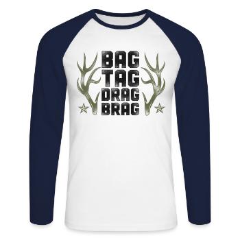 Buck Deer Hunting Hunter Vintage - Unisex Baseballshirt langarm - Weiß/Navy - Vorne - Nik (191cm)