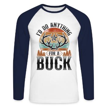 Buck Deer Hunting Hunter Pun - Unisex Long Sleeve Baseball T-Shirt - white/navy - Front - Nik (191cm)