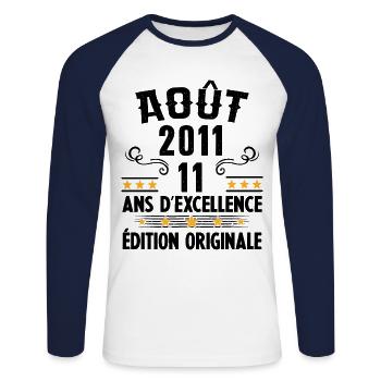 11 Ans Anniversaire Vintage Né(e) en Août 2011 - T-shirt baseball manches longues Homme - blanc/marine - Devant - Nik (191cm)