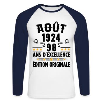 98 Ans Anniversaire Vintage Né(e) en Août 1924 - T-shirt baseball manches longues Homme - blanc/marine - Devant - Nik (191cm)