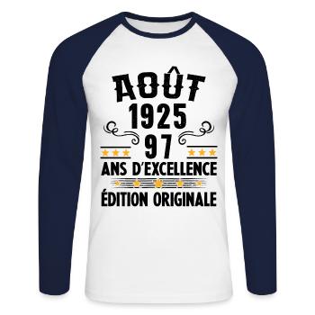 97 Ans Anniversaire Vintage Né(e) en Août 1925 - T-shirt baseball manches longues Homme - blanc/marine - Devant - Nik (191cm)