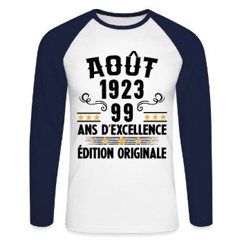 99 Ans Anniversaire Vintage Né(e) en Août 1923 - T-shirt baseball manches longues Homme - blanc/marine - Devant - Nik (191cm)