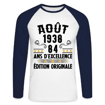 84 Ans Anniversaire Vintage Né(e) en Août 1938 - T-shirt baseball manches longues Homme - blanc/marine - Devant - Nik (191cm)