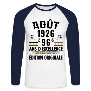 96 Ans Anniversaire Vintage Né(e) en Août 1926 - T-shirt baseball manches longues Homme - blanc/marine - Devant - Nik (191cm)