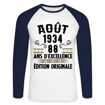 88 Ans Anniversaire Vintage Né(e) en Août 1934 - T-shirt baseball manches longues Homme - blanc/marine - Devant - Nik (191cm)