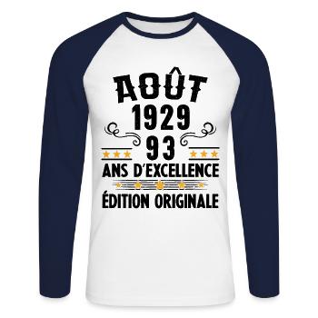 93 Ans Anniversaire Vintage Né(e) en Août 1929 - T-shirt baseball manches longues Homme - blanc/marine - Devant - Nik (191cm)