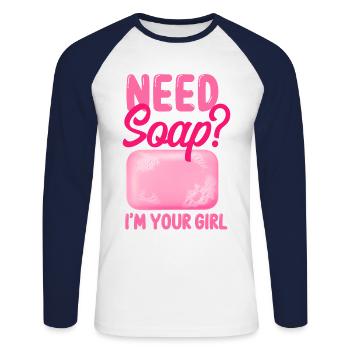 Fabrication de savon Artisanat Besoin de savon? - T-shirt baseball manches longues Homme - blanc/marine - Devant - Nik (191cm)
