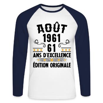 61 Ans Anniversaire Vintage Né(e) en Août 1961 - T-shirt baseball manches longues Homme - blanc/marine - Devant - Nik (191cm)