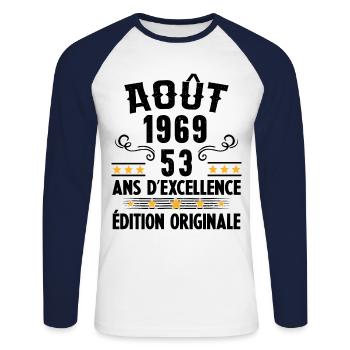 53 Ans Anniversaire Vintage Né(e) en Août 1969 - T-shirt baseball manches longues Homme - blanc/marine - Devant - Nik (191cm)