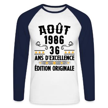 36 Ans Anniversaire Vintage Né(e) en Août 1986 - T-shirt baseball manches longues Homme - blanc/marine - Devant - Nik (191cm)