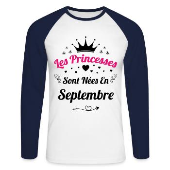 Les Princesses Sont Nées En Septembre Anniversaire - T-shirt baseball manches longues Homme - blanc/marine - Devant - Nik (191cm)