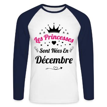 Les Princesses Sont Nées En Décembre Anniversaire - T-shirt baseball manches longues Homme - blanc/marine - Devant - Nik (191cm)