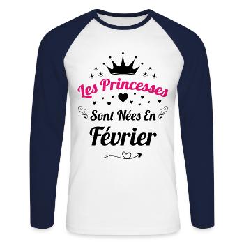 Les Princesses Sont Nées En Février Anniversaire - T-shirt baseball manches longues Homme - blanc/marine - Devant - Nik (191cm)