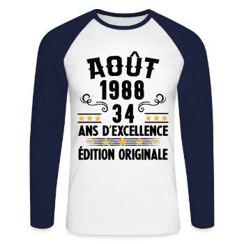 34 Ans Anniversaire Vintage Né(e) en Août 1988 - T-shirt baseball manches longues Homme - blanc/marine - Devant - Nik (191cm)