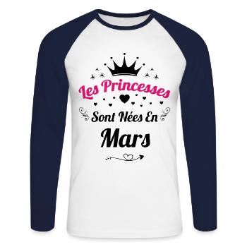 Les Princesses Sont Nées En Mars Anniversaire - T-shirt baseball manches longues Homme - blanc/marine - Devant - Nik (191cm)