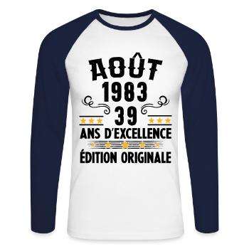 39 Ans Anniversaire Vintage Né(e) en Août 1983 - T-shirt baseball manches longues Homme - blanc/marine - Devant - Nik (191cm)