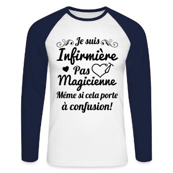 Je suis infirmière pas magicienne Cadeau Humour - T-shirt baseball manches longues Homme - blanc/marine - Devant - Nik (191cm)